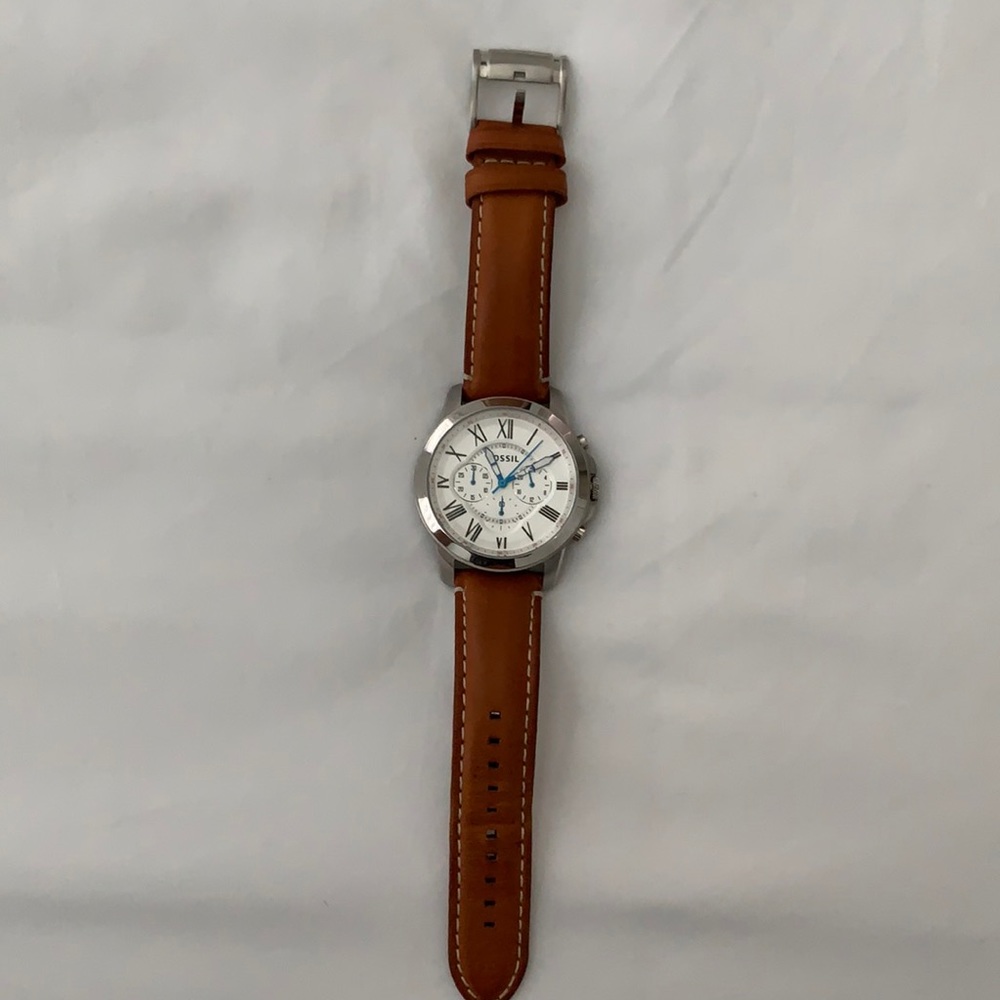 Fossil cognac leather band watch with blue ticker